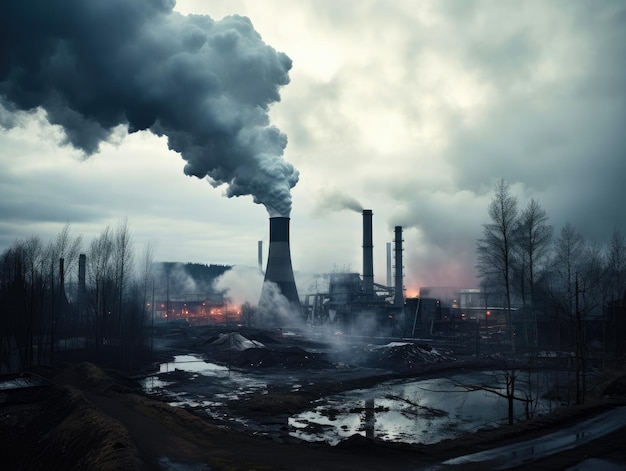 Foto kraftwerke und industrie rauchschornsteine in einer dunklen, verschmutzten atmosphäre kohlenstoffemissionen freisetzung von co