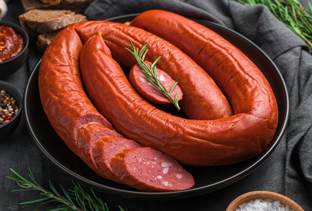 Krakauer Wurst in Scheiben geschnitten in einem Teller auf dunklem Hintergrund mit Gewürzen und Soße. Nahansicht.