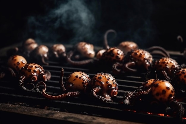 Kraken auf dem Grill Gegrillte Meeresfrüchte Rauchfeuer Oktopus kochen Generative KI