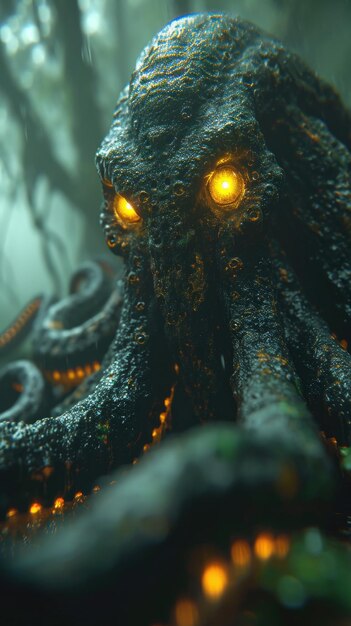 Kraken en el fondo del océano nocturno con ojos amarillos brillantes