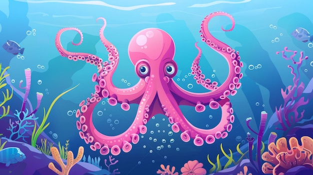 Kraken monstruo legendario con largos tentáculos criatura de la vida silvestre del océano ilustración de dibujos animados de pulpo bajo el agua con piel rosada y corales