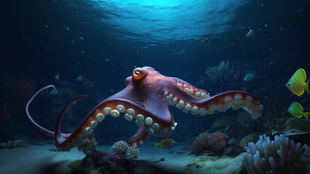 Kraken's Lair Ein atemberaubendes Tiefseebild eines Riesenoktopus in seinem natürlichen Lebensraum