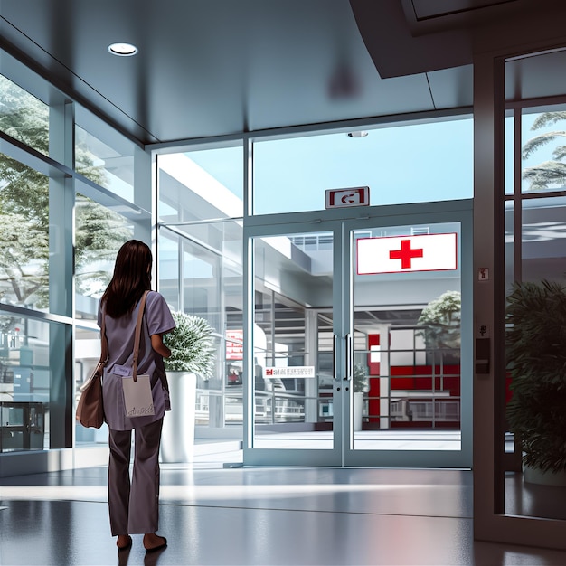 Krankenhaus-Eingang Glastüren hinten einer Krankenschwester in der Front