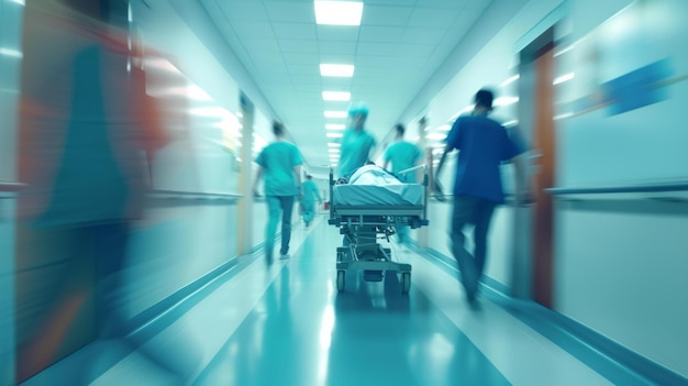 Krankenhaus Notfallteam eilt Patient auf Leiter in den Operationssaal Korridor in der medizinischen Klinik mit arbeitenden Ärzten AI Generative