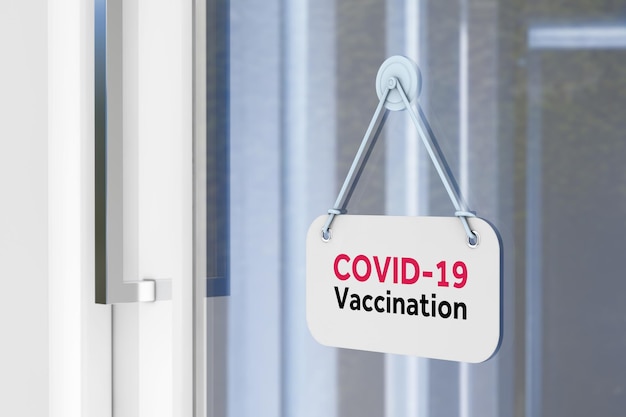 Krankenhaus- oder Impfpunkt-Türschild mit COVID-19-Impfschild auf Glastürhintergrund. 3D-Rendering