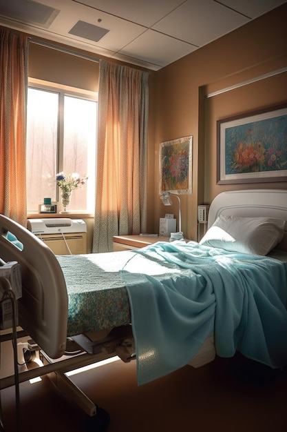 Krankenhausbett mit sauberer Bettwäsche und Kissen, erstellt mit generativer KI