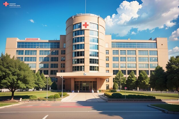 Foto krankenhausgebäude, rotes kreuz, medizinische einrichtung, gesundheitsbehandlung, krankheitshintergrund