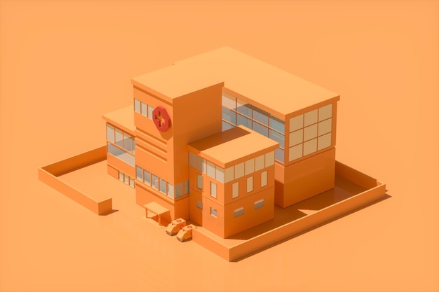 Krankenhausmodell mit orangefarbenem Hintergrund, abstrakte Konzeption, 3D-Rendering