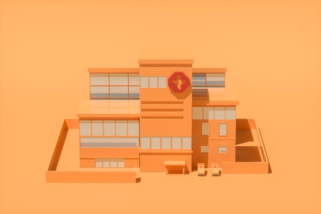 Krankenhausmodell mit orangefarbenem Hintergrund, abstrakte Konzeption, 3D-Rendering
