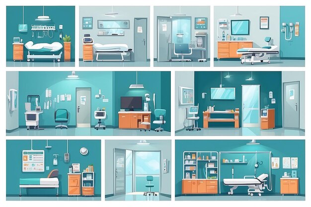 Krankenhausräume flache Vektorillustrationen Set Arztbüro Cartoon Innenarchitektur Pack Medizinisches Zentrum Wartezimmer und Korridor Patientenstation Sammlung Operationssaal Ausrüstung und Bett