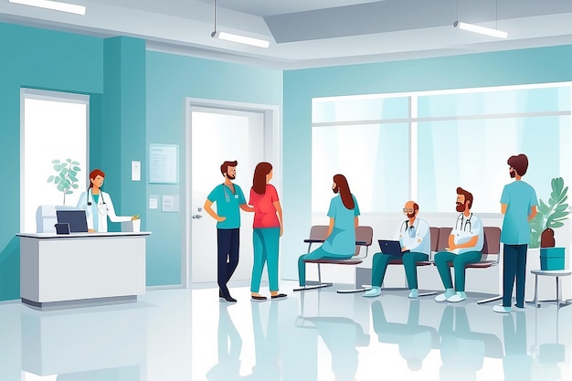 Krankenhauswarteschlange Klinikempfang Wartezimmer medizinisches Büro Krankenschwester Rezeptionist Arzt erwachsener Patient Gesundheitsvektor-Illustration