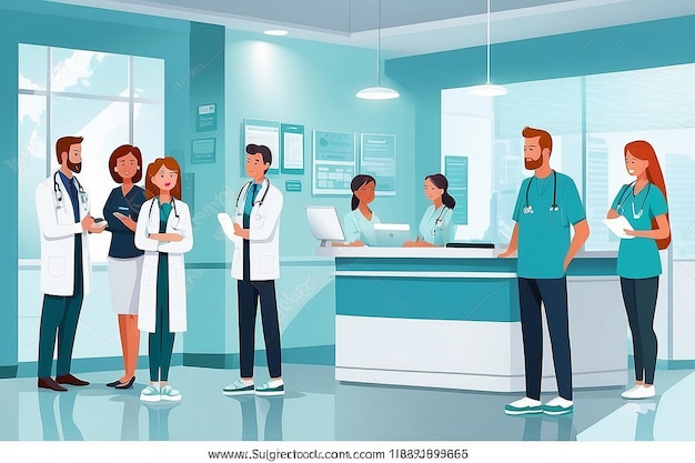 Krankenhauswarteschlange Klinikempfang Wartezimmer medizinisches Büro Krankenschwester Rezeptionist Arzt erwachsener Patient Gesundheitsvektor-Illustration