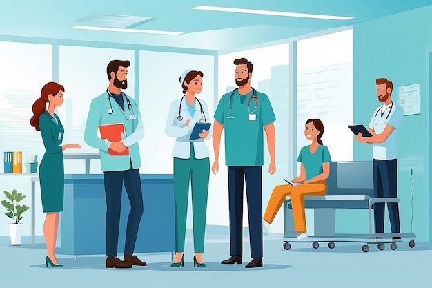 Krankenhauswarteschlange Klinikempfang Wartezimmer medizinisches Büro Krankenschwester Rezeptionist Arzt erwachsener Patient Gesundheitsvektor-Illustration