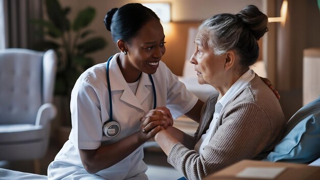 Foto krankenschwester, die eine ältere dame tröstet