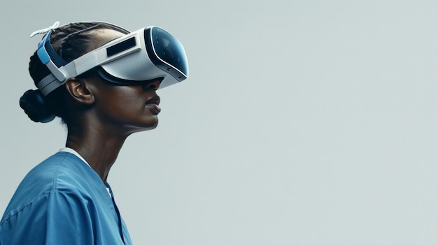 Krankenschwester, die Patienten mit Empathie und Professionalität mit einer virtuellen Realität-Sonnenbrille tröstet und unterstützt