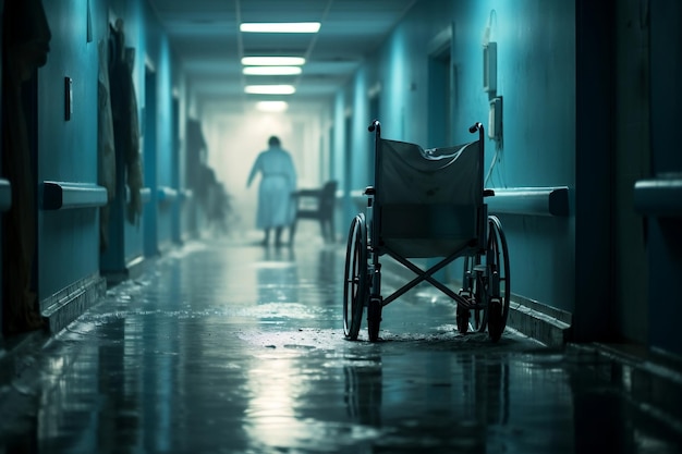 Krankenschwester führt Rollstuhl im Krankenhauskorridor Generative KI