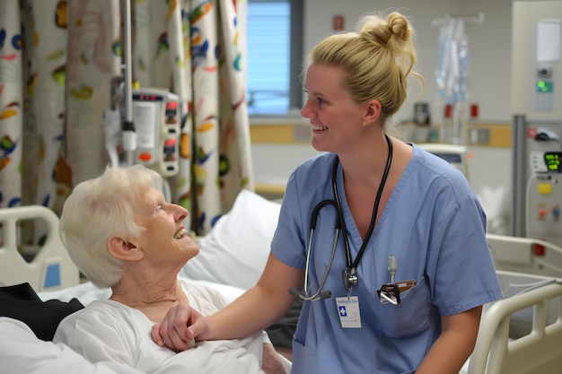 Foto krankenschwester kümmert sich um eine alte, ältere, kranke patientin im krankenhauszimmer konzept des internationalen krankenschwesterntags