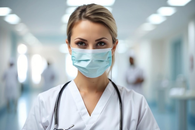 Krankenschwester mit Stethoskop in weißer medizinischer Uniform und weißer steriler Schutzmaske