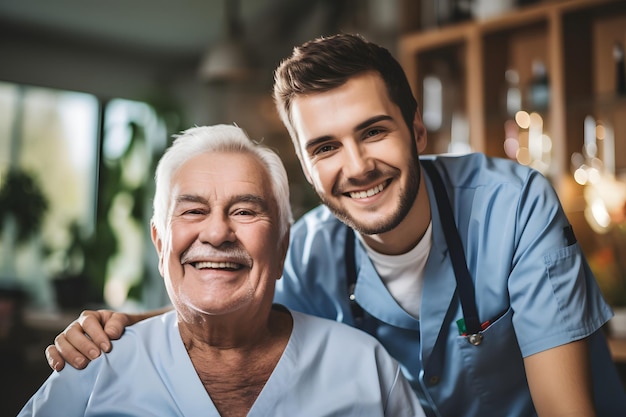 Krankenschwester neben einem glücklichen älteren Mann in einem Pflegeheim