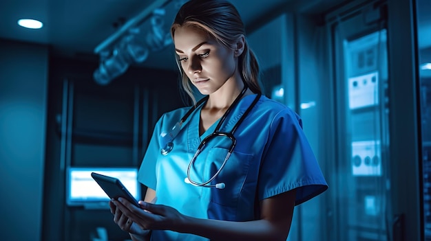 Krankenschwester nutzt einen Tablet-Computer mit generativer KI