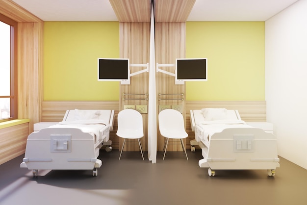 Krankenstation mit gelben Wänden, zwei Betten, zwei Monitoren und zwei Stühlen. Konzept der Medizin und Krankheitsbehandlung. 3D-Rendering. Attrappe, Lehrmodell, Simulation. Getöntes Bild