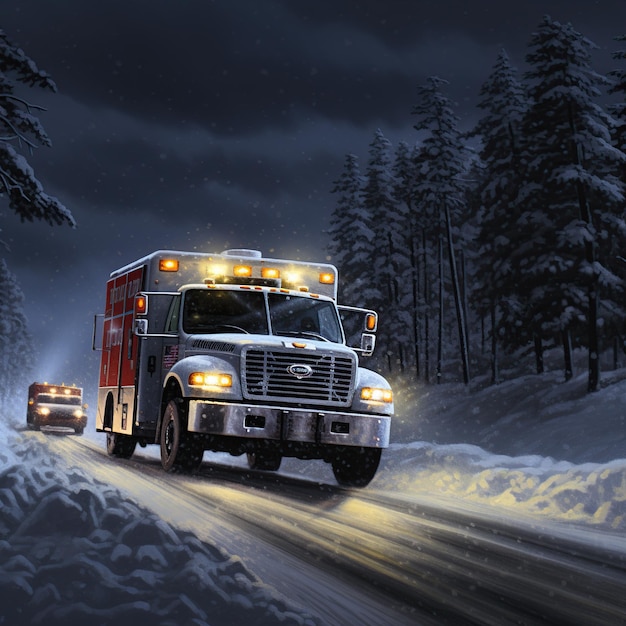 Krankenwagen auf der Autobahn mitten im Schneesturm
