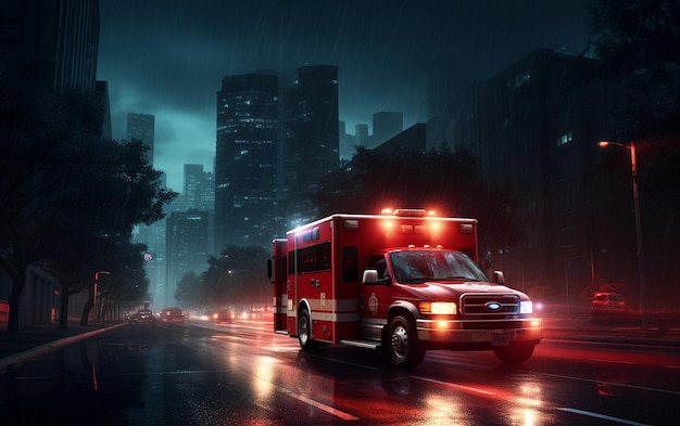 Krankenwagen rast mit roter generativer KI zu einem kritischen Unfallort