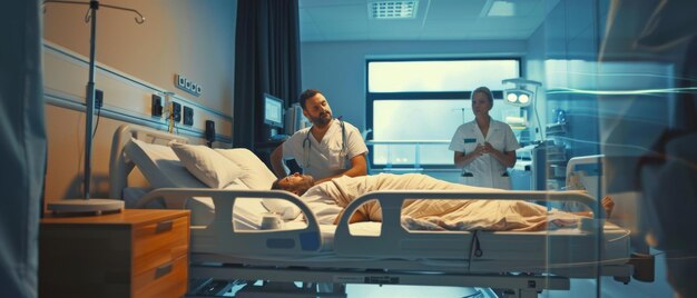 Foto kranker mann liegt im krankenhaus auf dem bett arzt und krankenschwester untersuchen den patienten genesung mann schläft in der modernen krankenhausstation