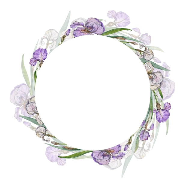 Kranz aus lila und weißen Irisblumen Aquarellillustration isoliert auf weißem Blumenrahmen
