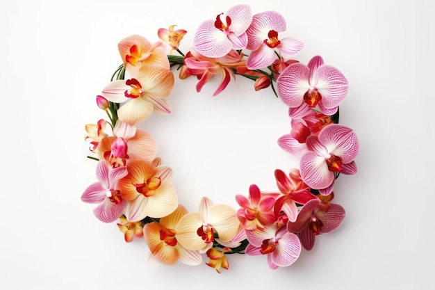 Kranz aus Orchideen auf weißem Hintergrund. Generative KI