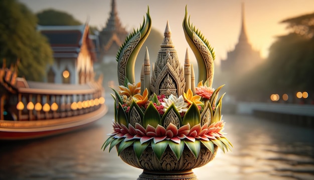 Foto un krathong intrincadamente diseñado con hojas de plátano y adornado con flores vibrantes