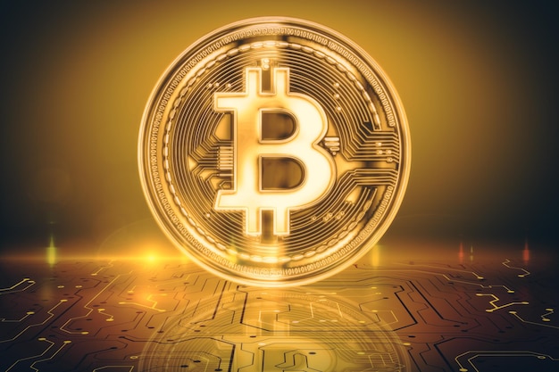 Kreativ glühender goldener glänzender Bitcoin-Hintergrund Kryptowährung und E-Commerce-Konzept 3D-Rendering