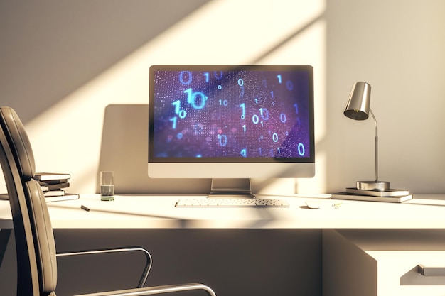Kreative abstrakte Binärcode-Skizze auf modernem Laptop-Monitor-Hacking und Matrix-Konzept 3D-Rendering