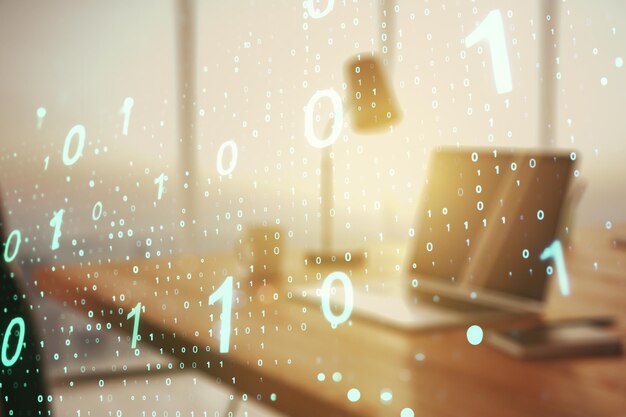 Kreative abstrakte Binärcode-Skizze über modernes Laptop-Hacking und Matrix-Konzept Multiexposure