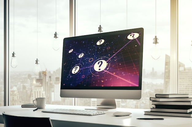 Kreative abstrakte Fragezeichenskizze auf modernem Laptop-Monitor FAQ und Forschungskonzept 3D-Rendering