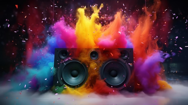 Kreative Audio-Lautsprecher pulsieren und emittieren farbige Partikel