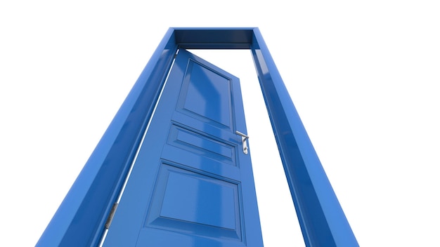 Kreative blaue Türillustration der realistischen Türöffnung des offenen geschlossenen Türeingangs lokalisiert auf Hintergrund 3d