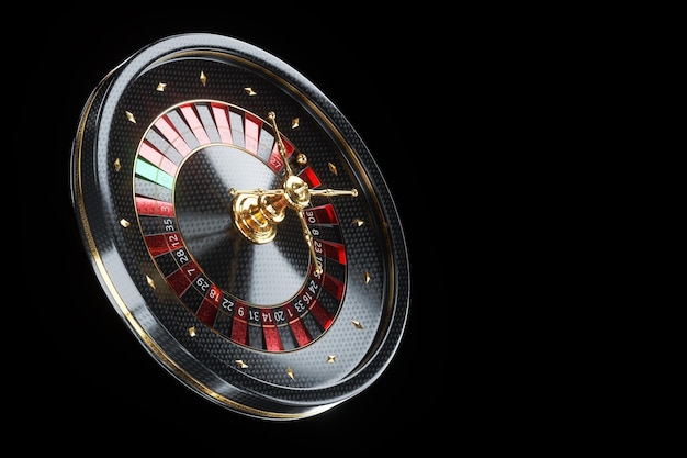 Kreative Casino-Vorlage, schwarz-goldenes Roulette auf schwarzem Hintergrund. Das Konzept von Roulette, Casino, Glücksspiel, Sucht, Vegas. Kopierbereich, 3D-Darstellung, 3D-Rendering.