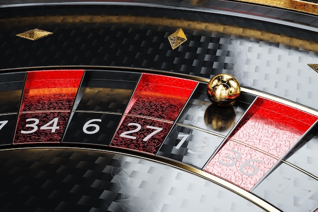 Kreative Casino-Vorlage, schwarz-goldenes Roulette auf schwarzem Hintergrund. Das Konzept von Roulette, Casino, Glücksspiel, Sucht, Vegas. Kopierbereich, 3D-Darstellung, 3D-Rendering.