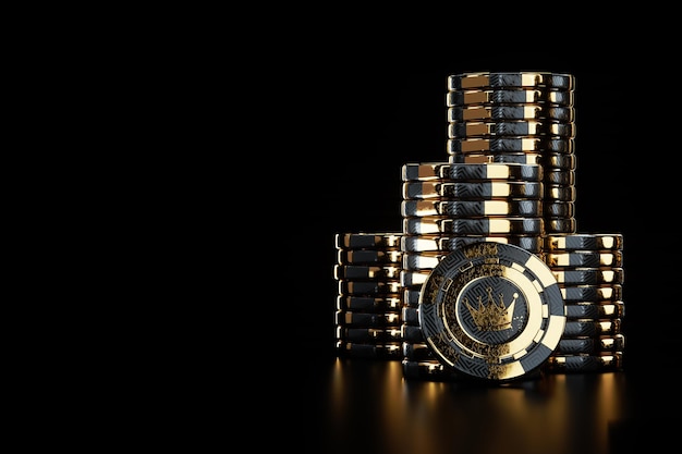 Kreative Casino-Vorlage, schwarzgoldene Stapel von Spielchips isoliert auf schwarzem Hintergrund. Das Konzept von Roulette, Glücksspiel, ein Header für die Website. Kopierbereich, 3D-Darstellung, 3D-Rendering.