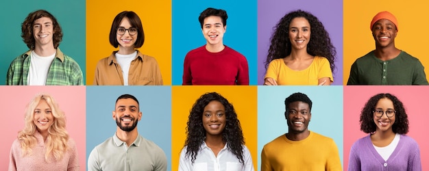 Kreative Collage glücklicher multiethnischer Millennials, die vor farbenfrohen Hintergründen posieren