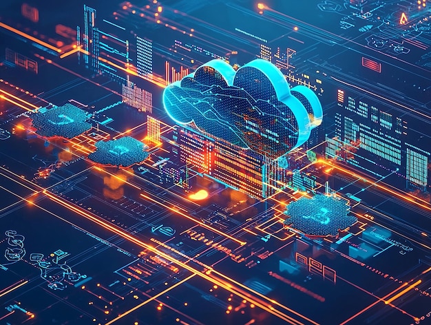 Kreative Darstellung von Cloud Computing mit glühendem Datenfluss