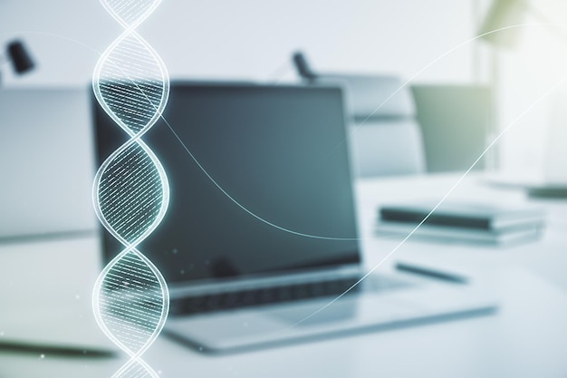 Kreative DNA-Skizze auf modernem Laptop-Hintergrund Biotechnologie und genetisches Konzept Mehrfachbelichtung