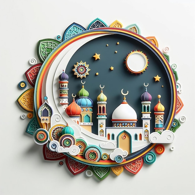 kreative Eid alAdha und islamische Grüße mit farbenfrohen Moscheen und weißen Kreisen zum Schreiben