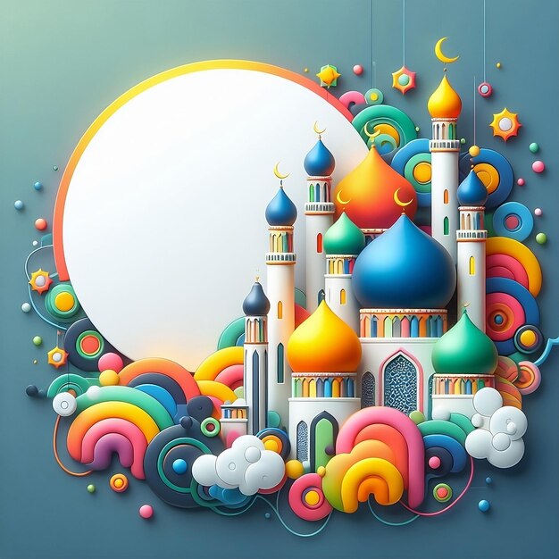 kreative Eid alAdha und islamische Grüße mit farbenfrohen Moscheen und weißen Kreisen zum Schreiben