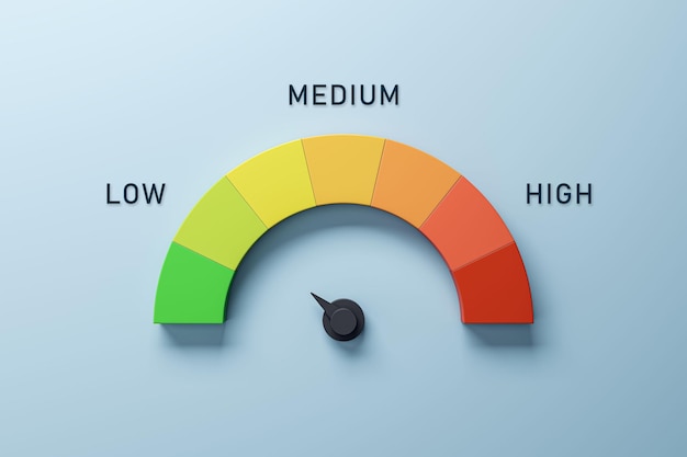 Kreative, farbenfrohe Tachometerskala auf blauem Hintergrund. Leistungszeiger, Bewertung, Risikostufen, Drehzahlmesser, 3D-Rendering