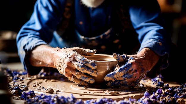 Kreative Hände erfassen das Handwerk eines Töpfers bei der Gestaltung einer Keramikvase