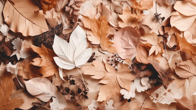 Kreative Herbstatmosphäre Art Moodboard Handgefertigte Collage aus Zeitschriften und Herbstblättern Schnittausschnitte Gemischter Texturhintergrund mit Platz für Text Beigebraune und taupefarbene Farben