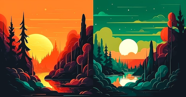 Kreative Illustration mit Sonnenuntergang in den Bergen generative KI