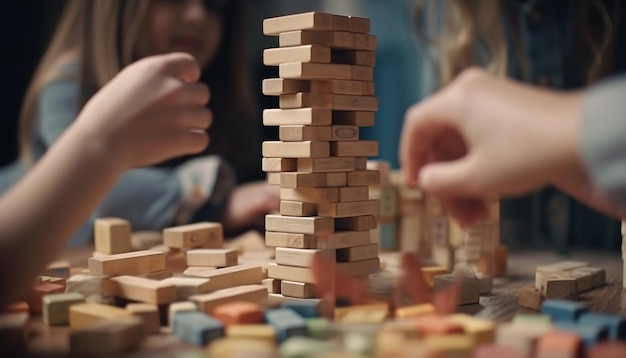 Kreative Kinder bauen zusammen Spielzeugklötze zum Spaß, der von KI generiert wird